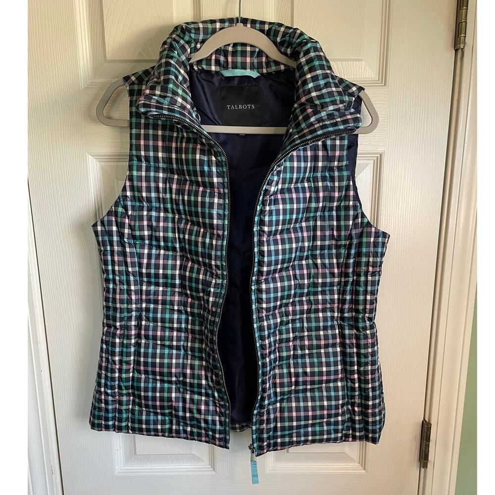 Talbots Womens M Navy Plaid Down Filled Quilted Puffer Vest Zip Pockets Preppy - Picture 8 of 13
